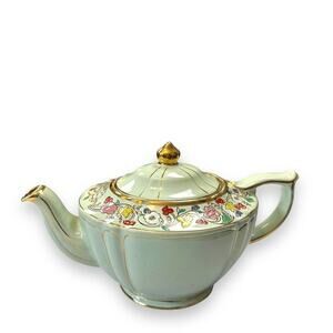 Sadler Teapot Vintage Made In England Green and Gold Guilded Floral Pattern